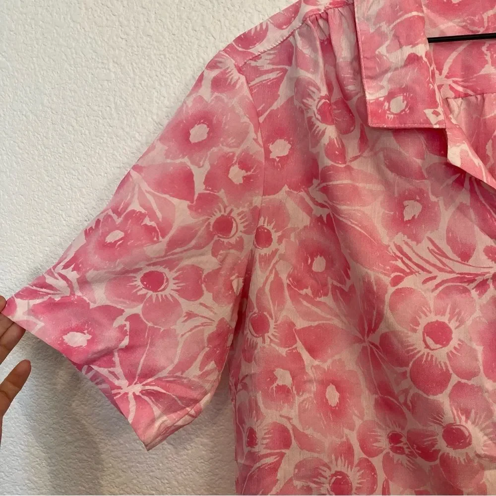Vintage Pykettes Hawaiian Floral Pink White Button Up Large Tropical
